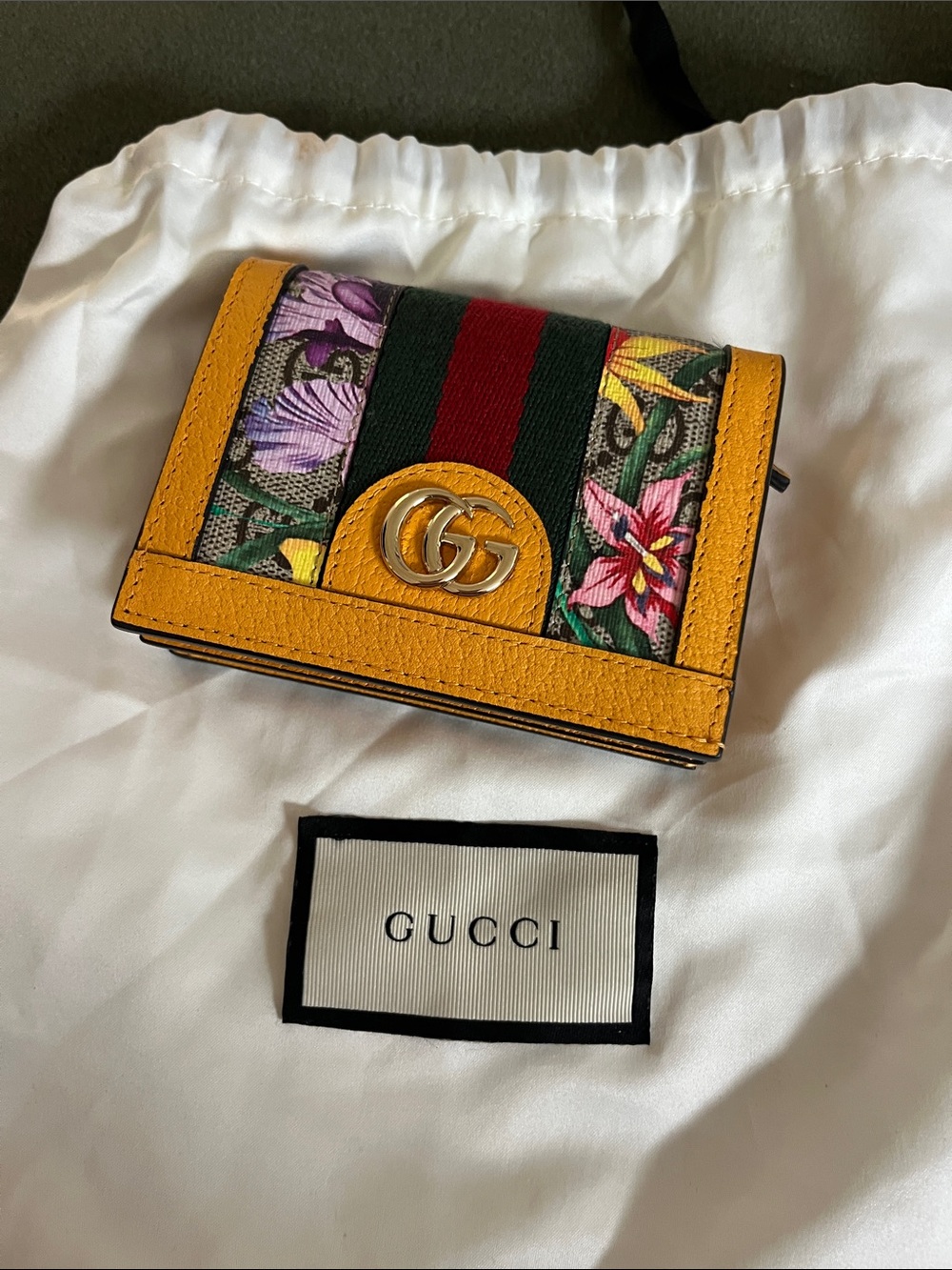 Gucci Floral GG Canvas Small Wallet in Yellow with Green and Red Web